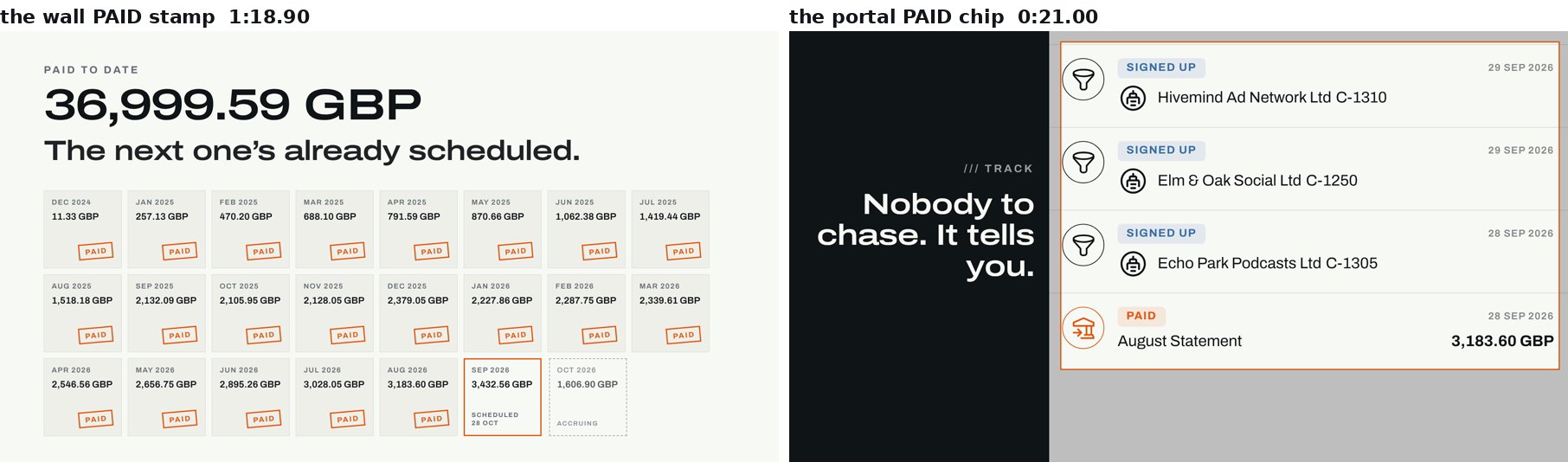 Left: the film's rotated outline stamp. Right: the portal's chip he points to.