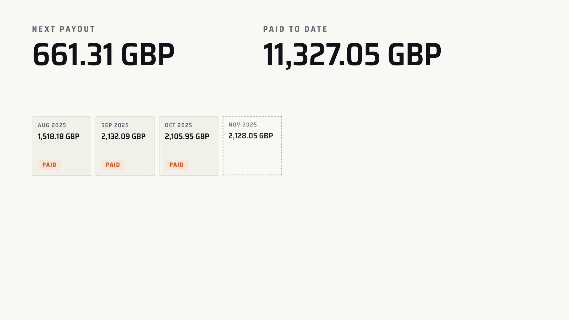 In the preview: November 2025 building up in its dashed square before it is paid.