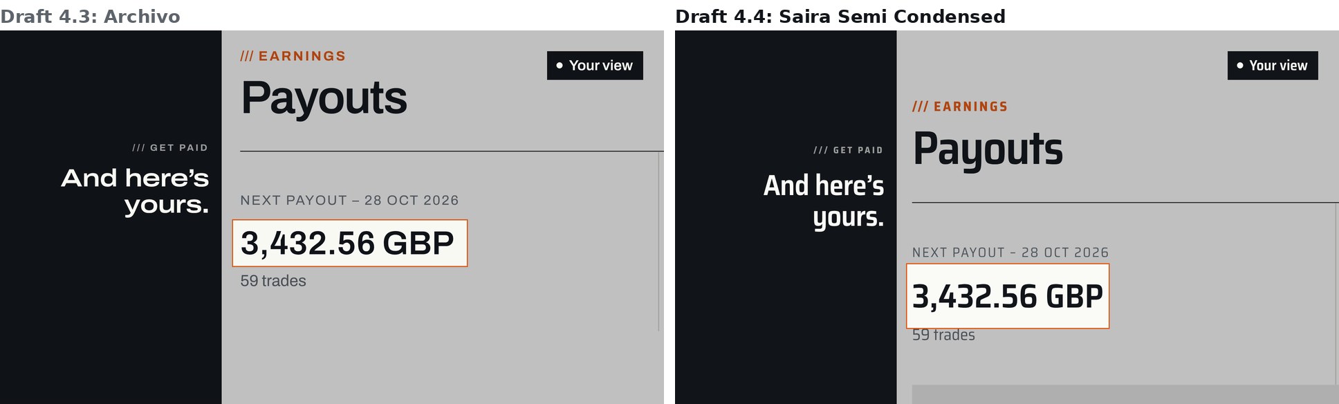 View tag: draft 4.3 in Archivo, left; Saira Semi Condensed, right
